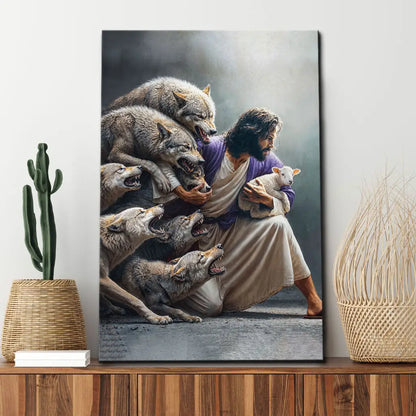 Jesus Protects The Lamb From Wolves Wall Art Canvas