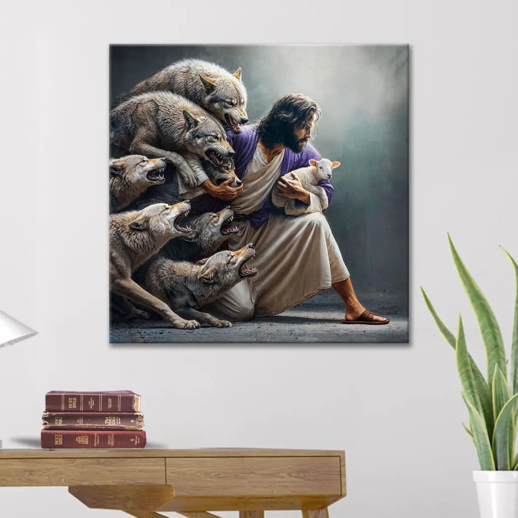 Jesus Protects The Lamb From Wolves Wall Art Canvas