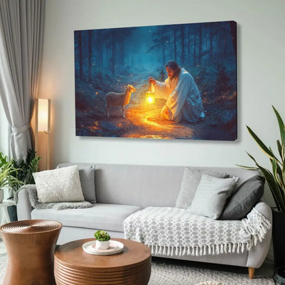 Jesus Rescues Lamb at Night Wall Art Canvas