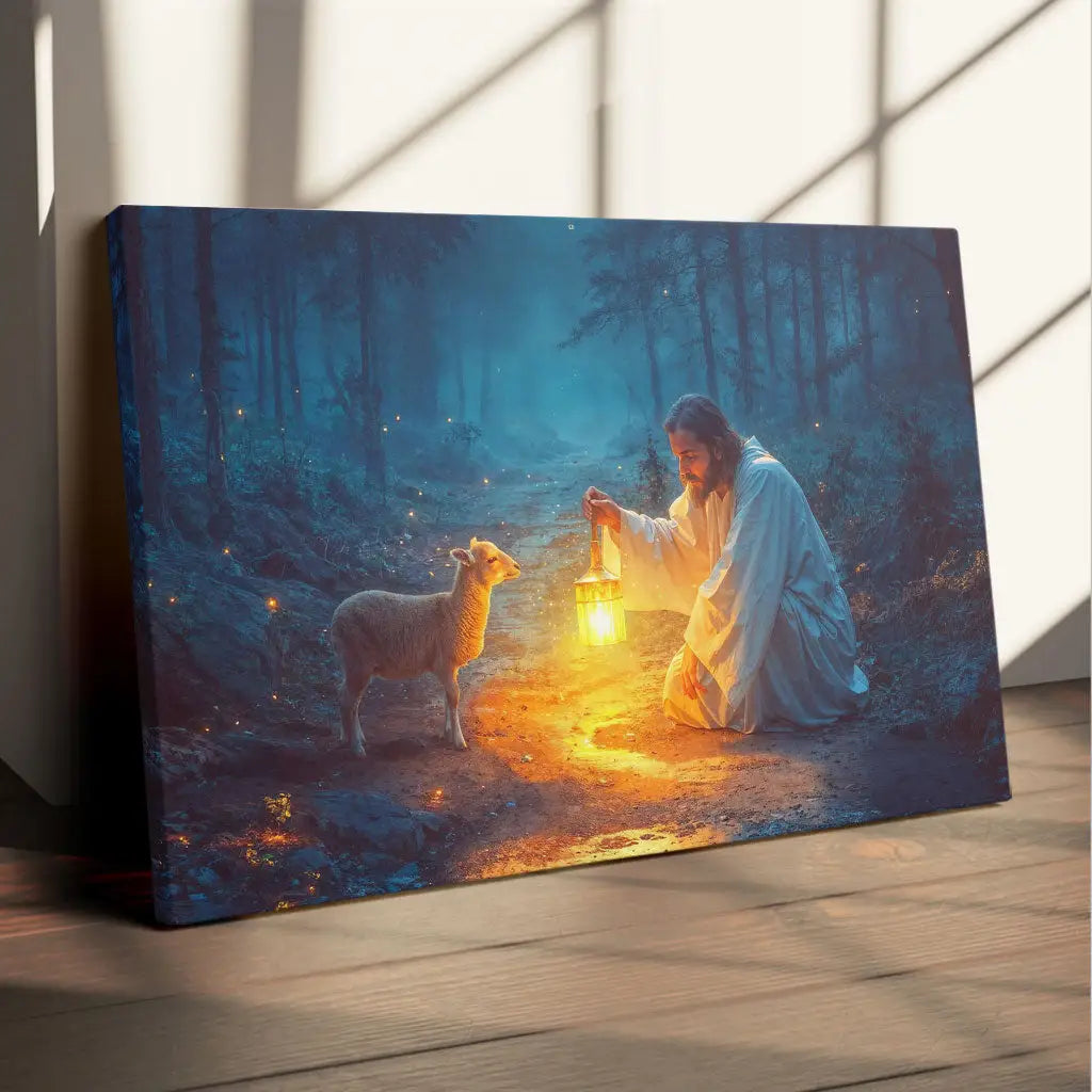 Jesus Rescues Lamb at Night Wall Art Canvas