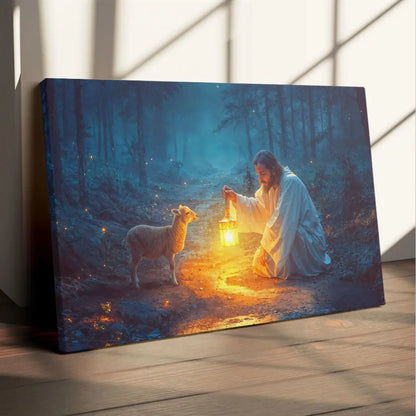 Jesus Rescues Lamb at Night Wall Art Canvas