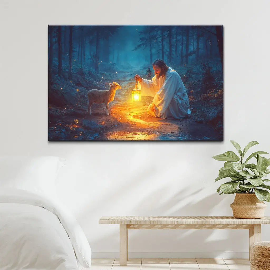 Jesus Rescues Lamb at Night Wall Art Canvas