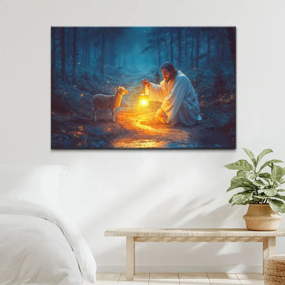 Jesus Rescues Lamb at Night Wall Art Canvas