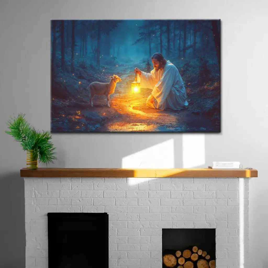 Jesus Rescues Lamb at Night Wall Art Canvas
