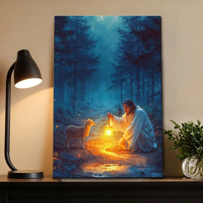 Jesus Rescues Lamb at Night Wall Art Canvas