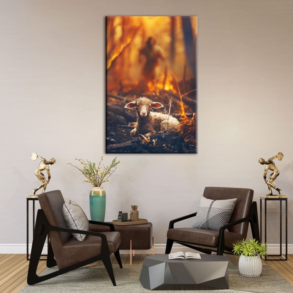 Jesus Rescues the Lamb from the Fire – Christian Wall Art Canvas