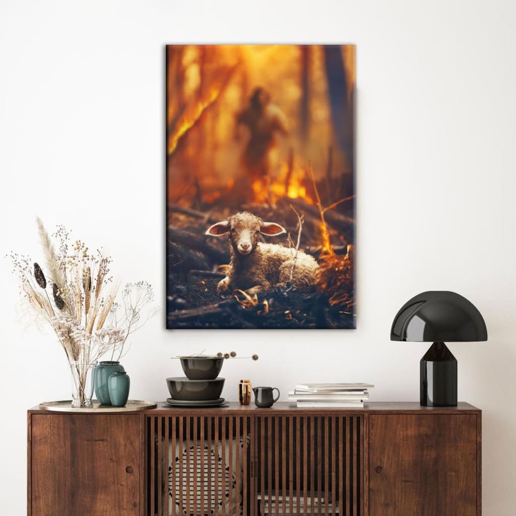 Jesus Rescues the Lamb from the Fire – Christian Wall Art Canvas