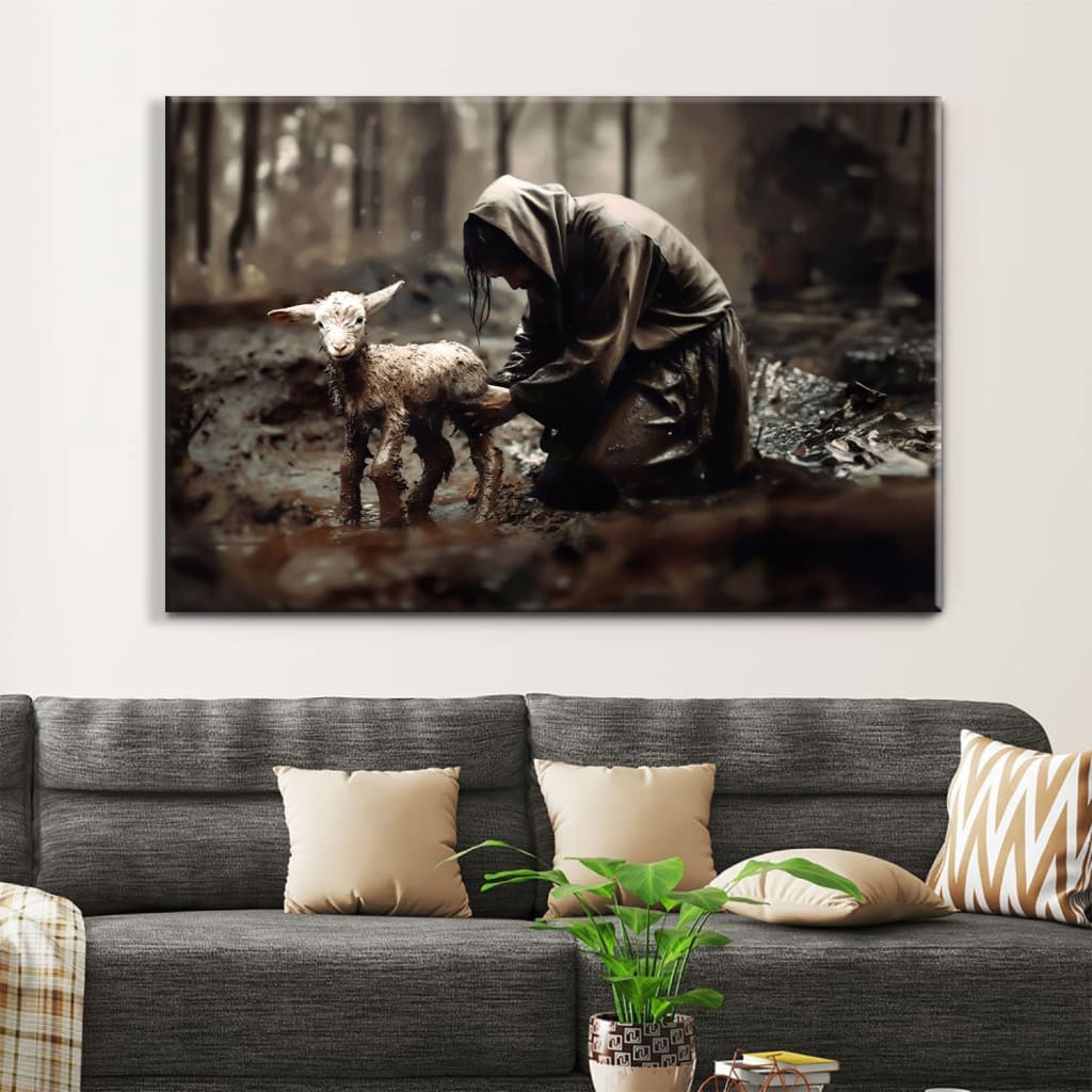 Jesus Rescues Lost Lamb Wall Art Canvas