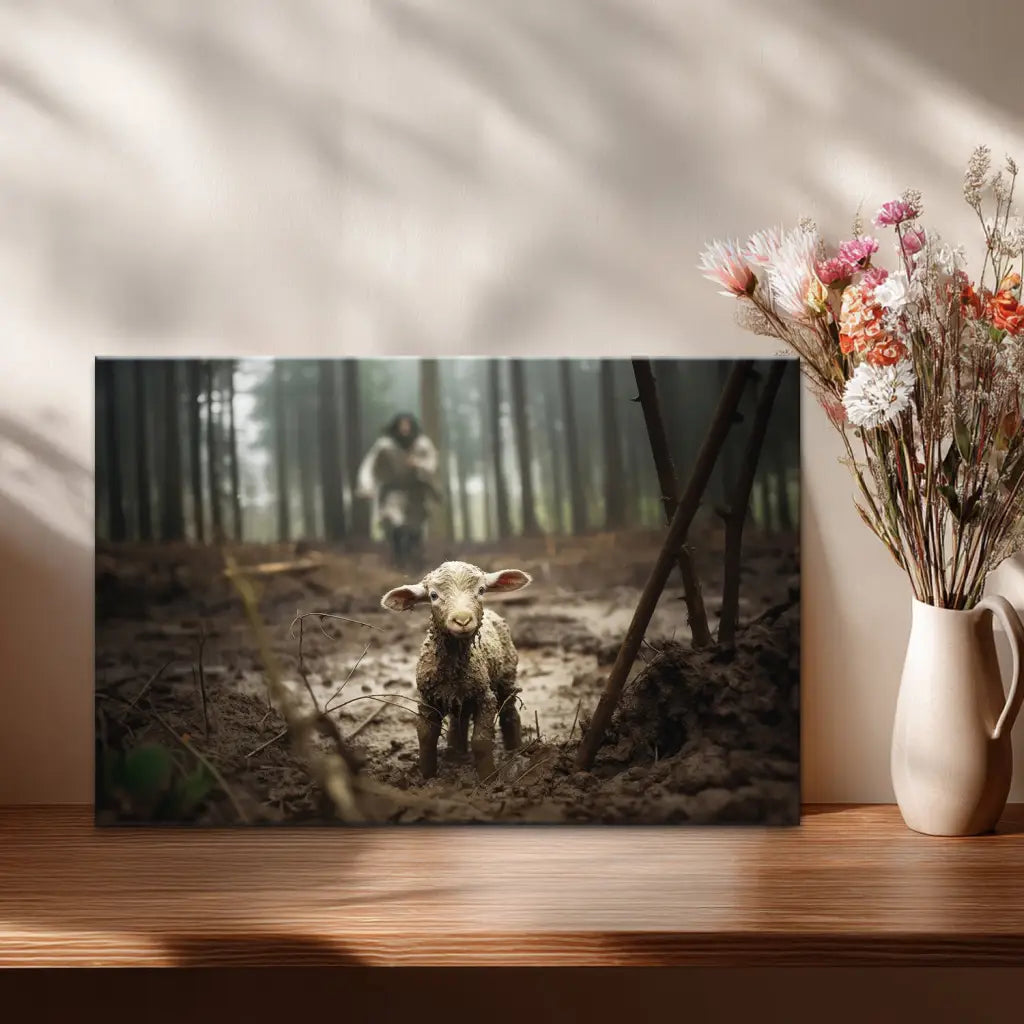 Jesus Running After a Lost Lamb, Jesus and Lamb Picture, Wall Art Canvas