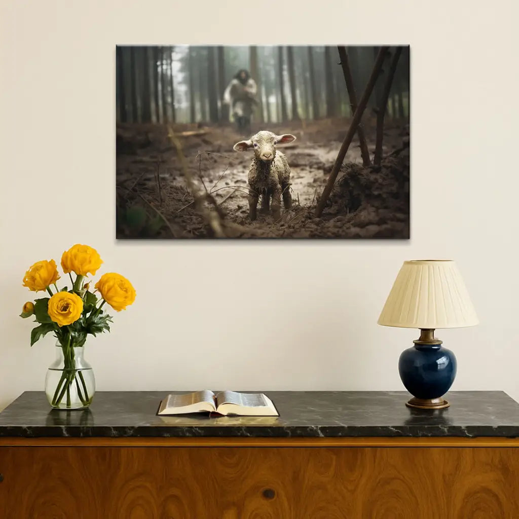 Jesus Running After a Lost Lamb, Jesus and Lamb Picture, Wall Art Canvas