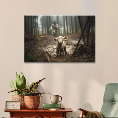 Jesus Running After a Lost Lamb, Jesus and Lamb Picture, Wall Art Canvas