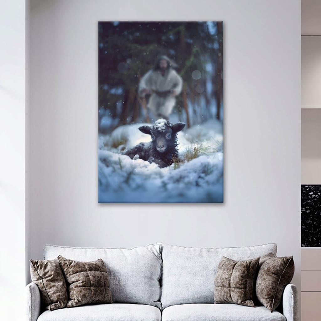 Jesus Running to Rescue a Lost Sheep in a Snowy Forest Wall Art Canvas
