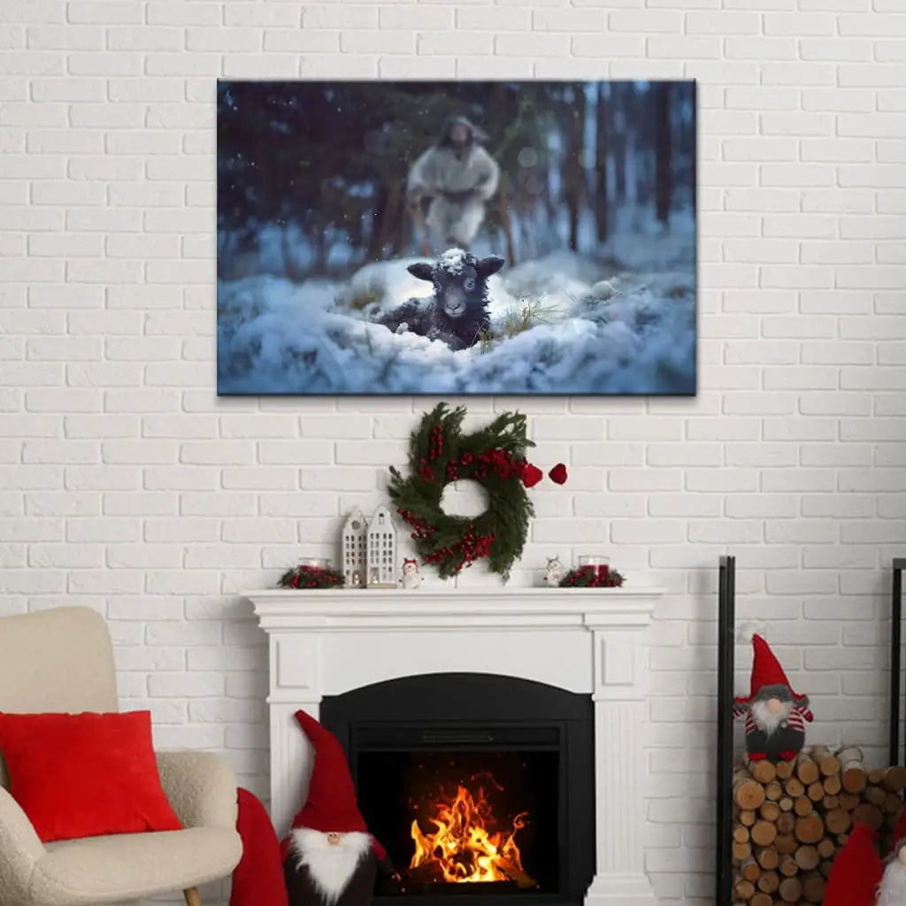 Jesus Running to Rescue a Lost Sheep in a Snowy Forest Wall Art Canvas