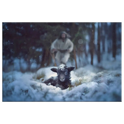 Jesus Running to Rescue a Lost Sheep in a Snowy Forest Wall Art Canvas