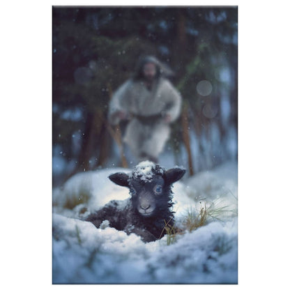 Jesus Running to Rescue a Lost Sheep in a Snowy Forest Wall Art Canvas