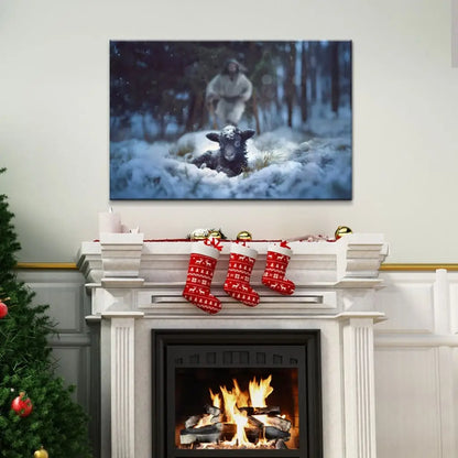 Jesus Running to Rescue a Lost Sheep in a Snowy Forest Wall Art Canvas
