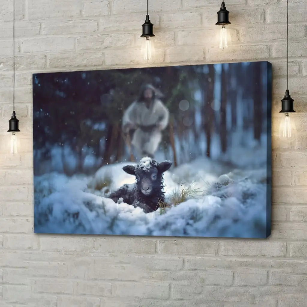 Jesus Running to Rescue a Lost Sheep in a Snowy Forest Wall Art Canvas