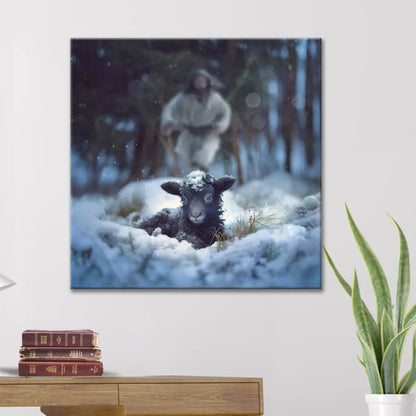 Jesus Running to Rescue a Lost Sheep in a Snowy Forest Wall Art Canvas