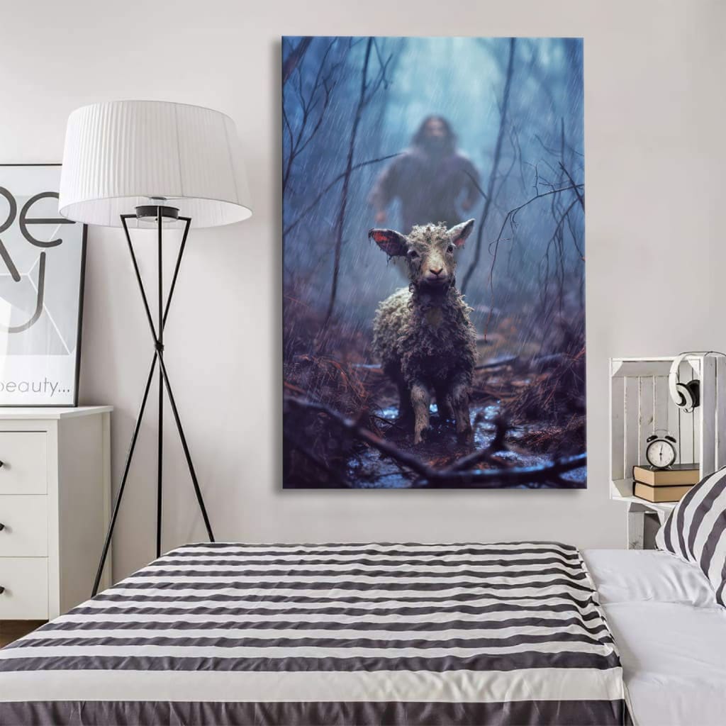 Christian Canvas Print - Jesus Running Toward a Lost Lamb in a Dark Rainy Forest Wall Art