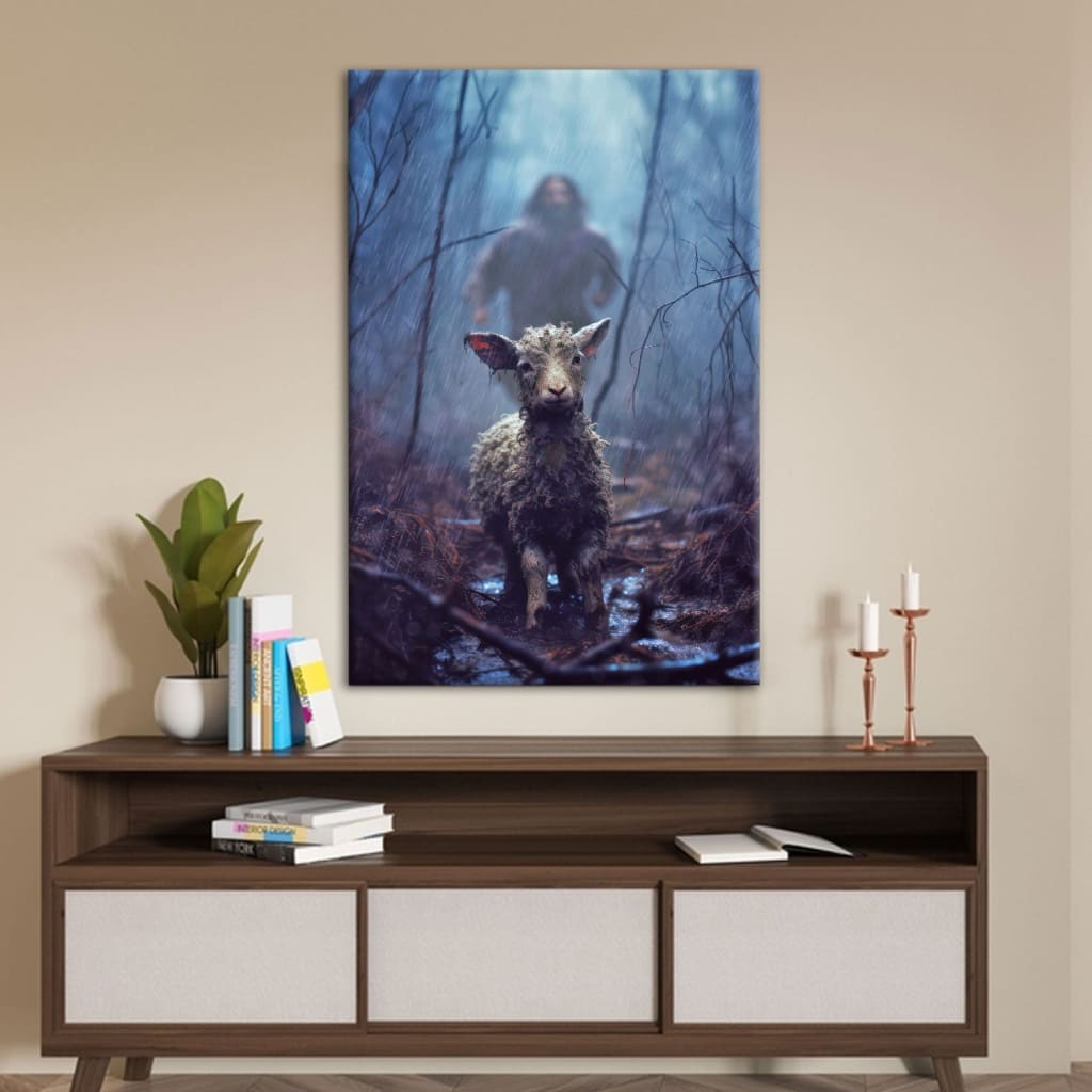 Christian Canvas Print - Jesus Running Toward a Lost Lamb in a Dark Rainy Forest Wall Art