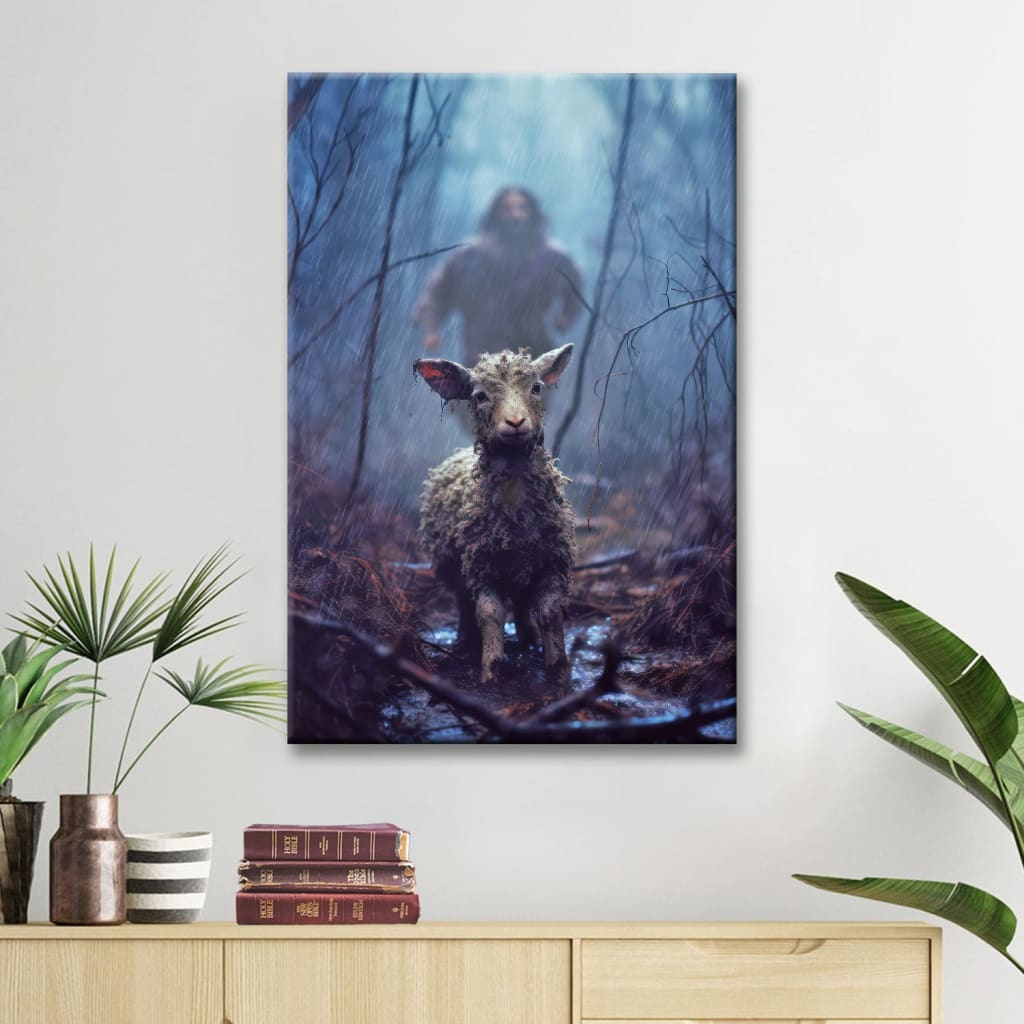 Christian Canvas Print - Jesus Running Toward a Lost Lamb in a Dark Rainy Forest Wall Art