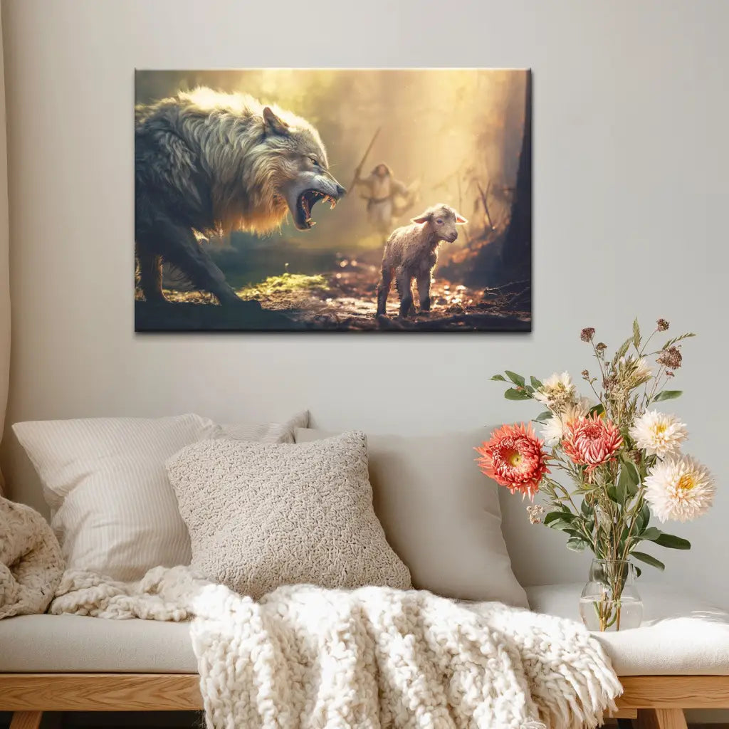 Jesus Running Towards Wolf and Lamb - Christian Wall Art Canvas