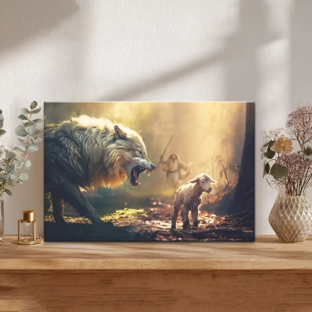 Jesus Running Towards Wolf and Lamb - Christian Wall Art Canvas