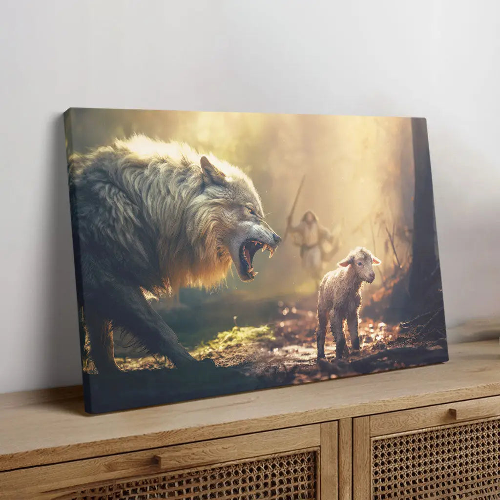 Jesus Running Towards Wolf and Lamb - Christian Wall Art Canvas