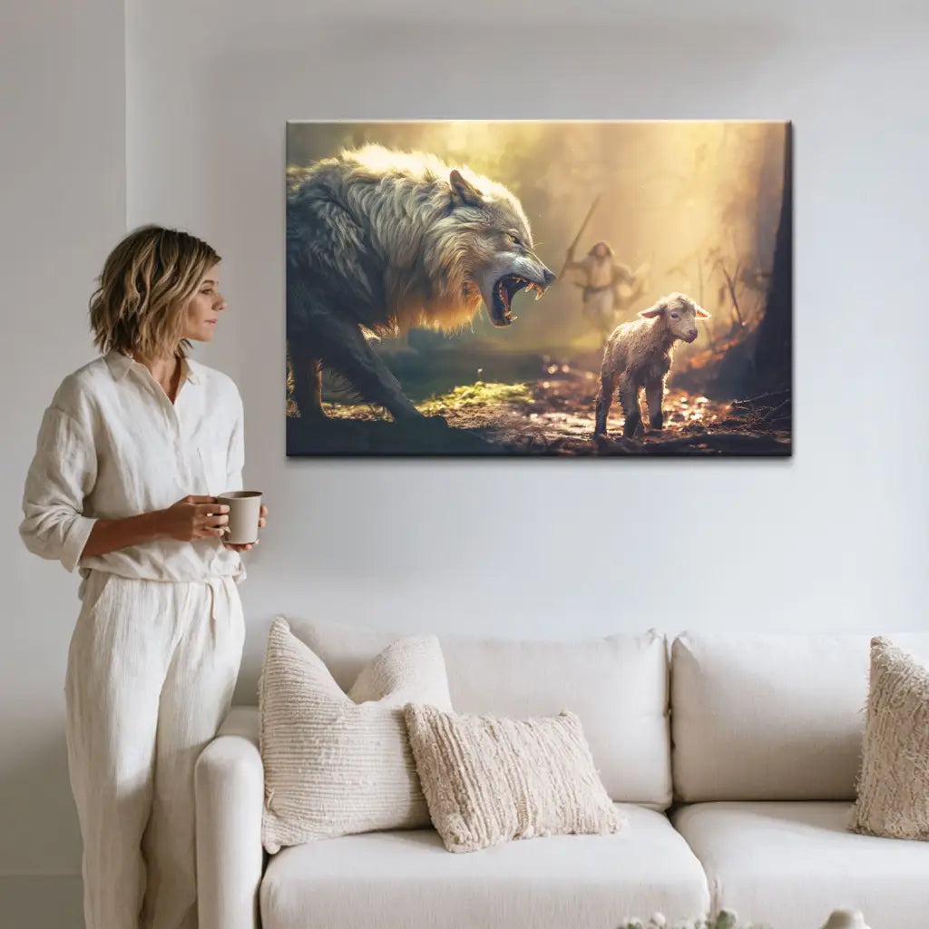 Jesus Running Towards Wolf and Lamb - Christian Wall Art Canvas