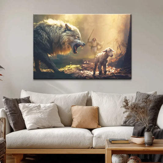 Jesus Running Towards Wolf and Lamb - Christian Wall Art Canvas