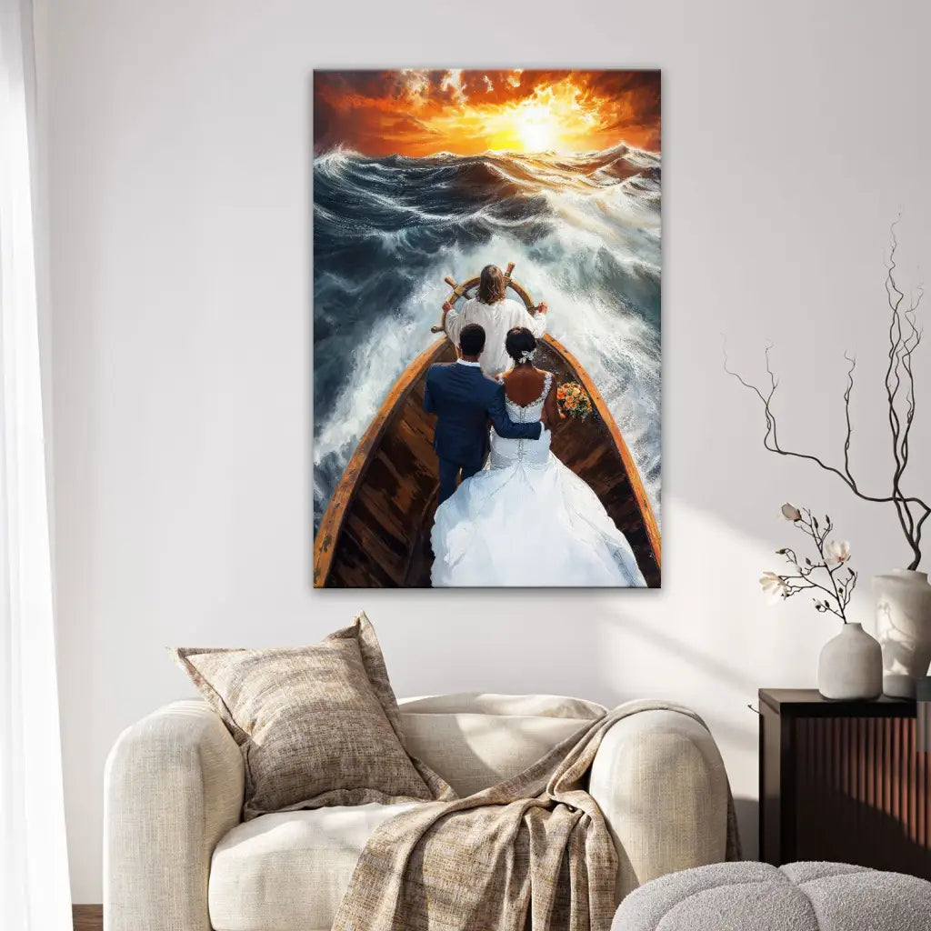 Jesus Steers Ship with Married Couple Canvas Art Print (African Couples Version)