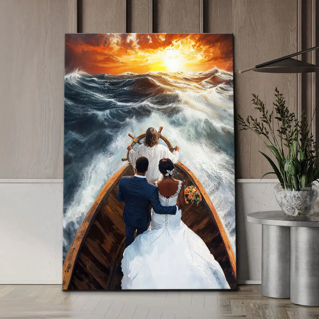 Jesus Steers Ship with Married Couple Canvas Art Print (African Couples Version)
