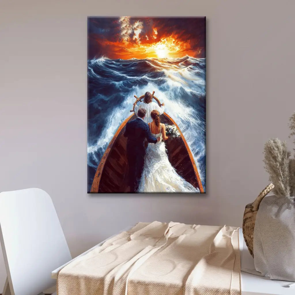 Christian Wall Art - Jesus Taking the Wheel Guiding a Married Couple Through Storms Canvas