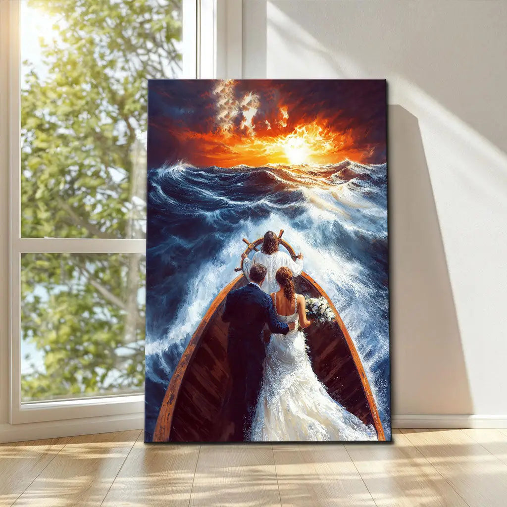 Christian Wall Art - Jesus Taking the Wheel Guiding a Married Couple Through Storms Canvas