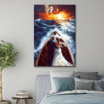Christian Wall Art - Jesus Taking the Wheel Guiding a Married Couple Through Storms Canvas