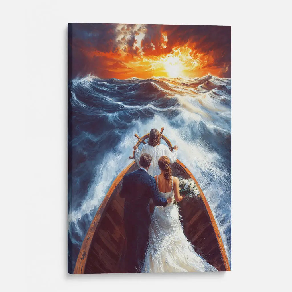 Christian Wall Art - Jesus Taking the Wheel Guiding a Married Couple Through Storms Canvas