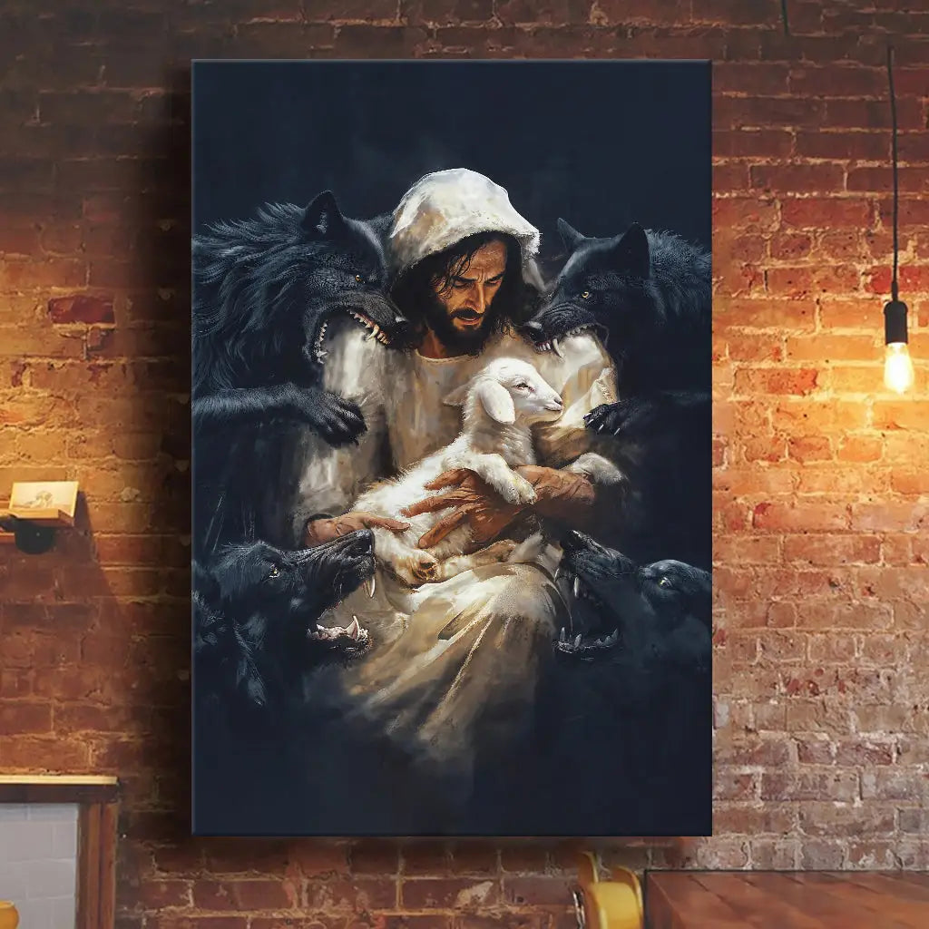 Jesus, The Good Shepherd, Protecting His Lamb From The Wolves, Wall Art Canvas Print