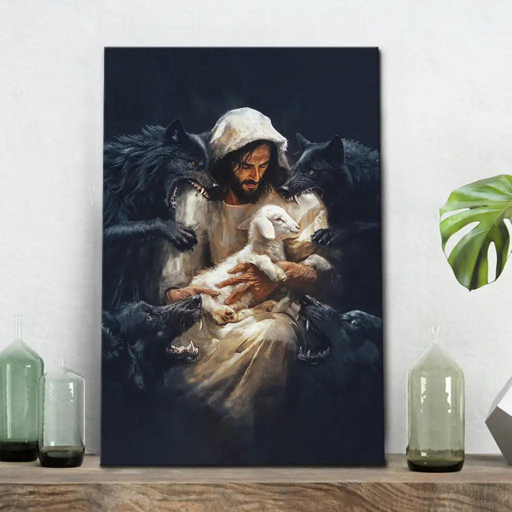 Jesus, The Good Shepherd, Protecting His Lamb From The Wolves, Wall Art Canvas Print