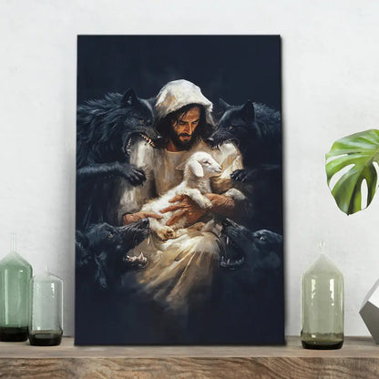 Jesus, The Good Shepherd, Protecting His Lamb From The Wolves, Wall Art Canvas Print