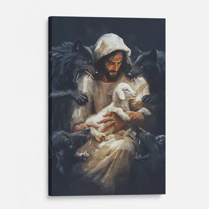 Jesus, The Good Shepherd, Protecting His Lamb From The Wolves, Wall Art Canvas Print