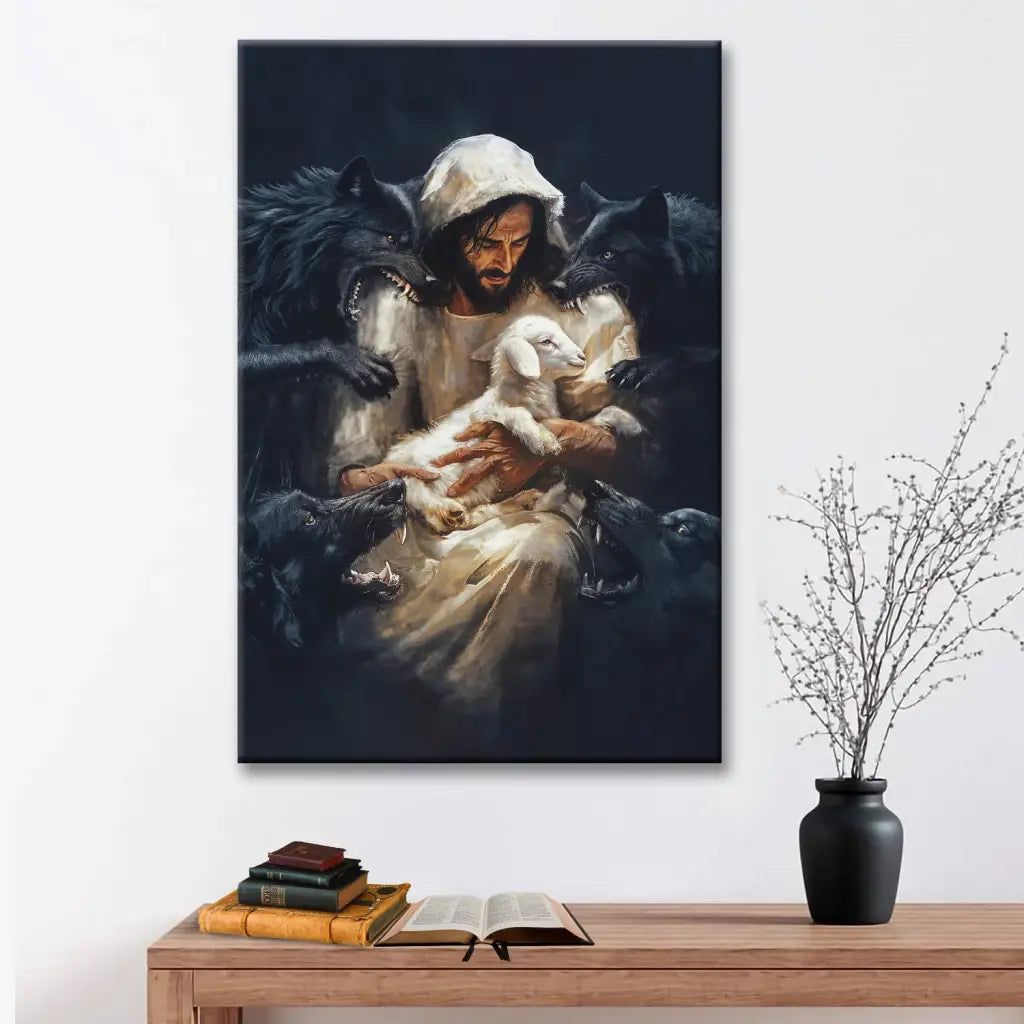 Jesus, The Good Shepherd, Protecting His Lamb From The Wolves, Wall Art Canvas Print