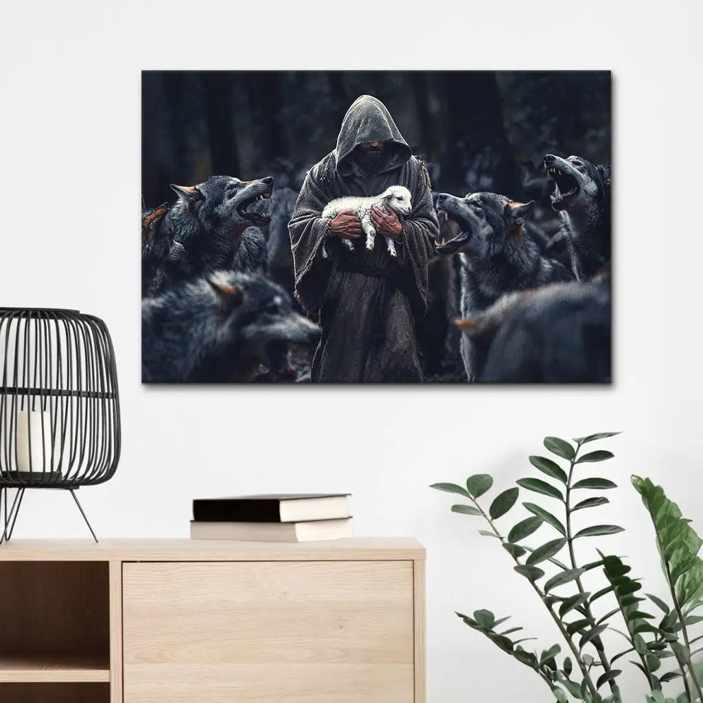 Jesus The Shepherd Protects The Lamb From The Wolves Canvas Print