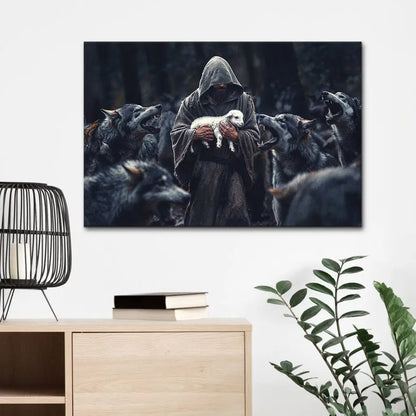Jesus The Shepherd Protects The Lamb From The Wolves Canvas Print