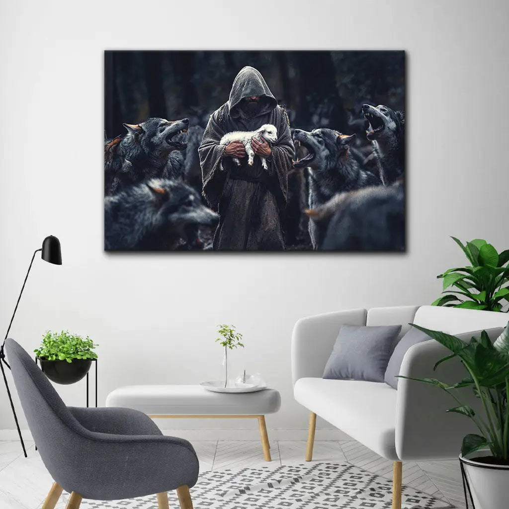 Jesus The Shepherd Protects The Lamb From The Wolves Canvas Print