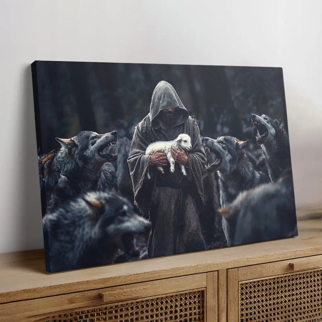 Jesus The Shepherd Protects The Lamb From The Wolves Canvas Print