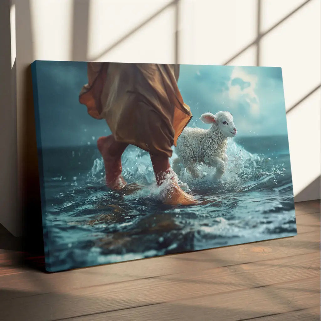 Jesus Walk On Water With A Lamb, Jesus And Lamb, Wall Art Canvas