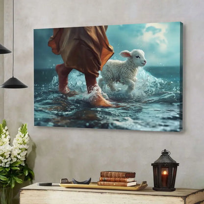 Jesus Walk On Water With A Lamb, Jesus And Lamb, Wall Art Canvas