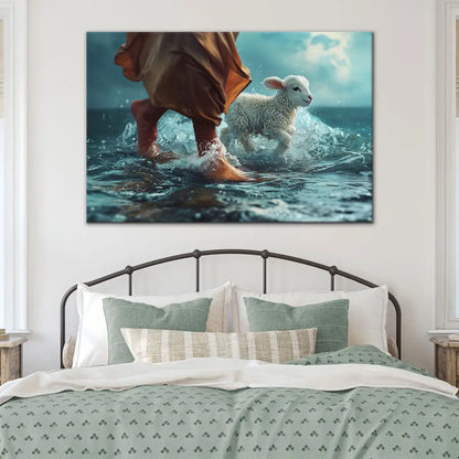 Jesus Walk On Water With A Lamb, Jesus And Lamb, Wall Art Canvas