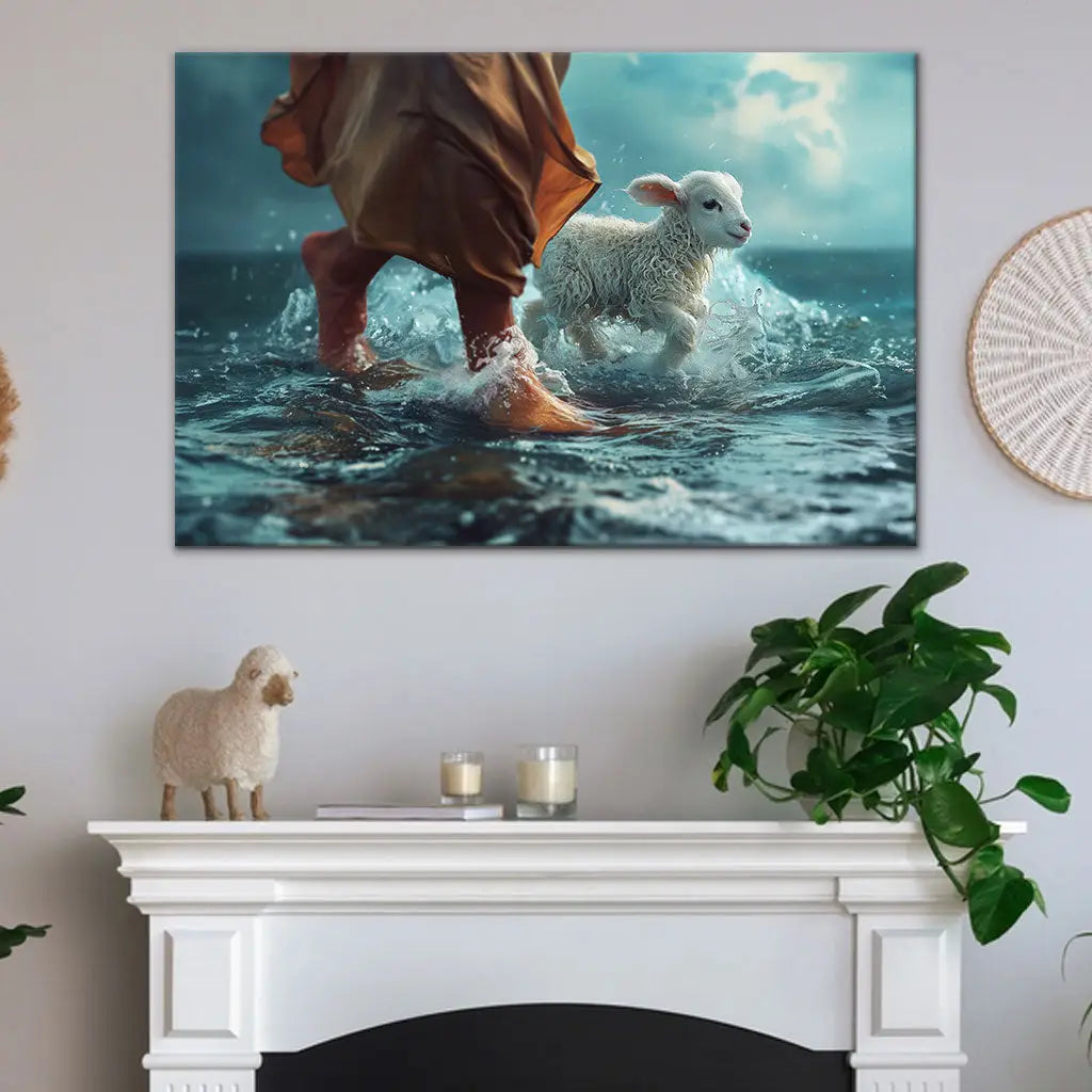 Jesus Walk On Water With A Lamb, Jesus And Lamb, Wall Art Canvas
