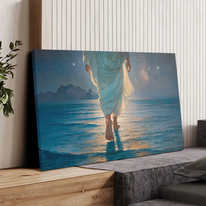 Jesus Walking on Water Christian Wall Art Canvas – Calm Sea, Glowing Night Sky
